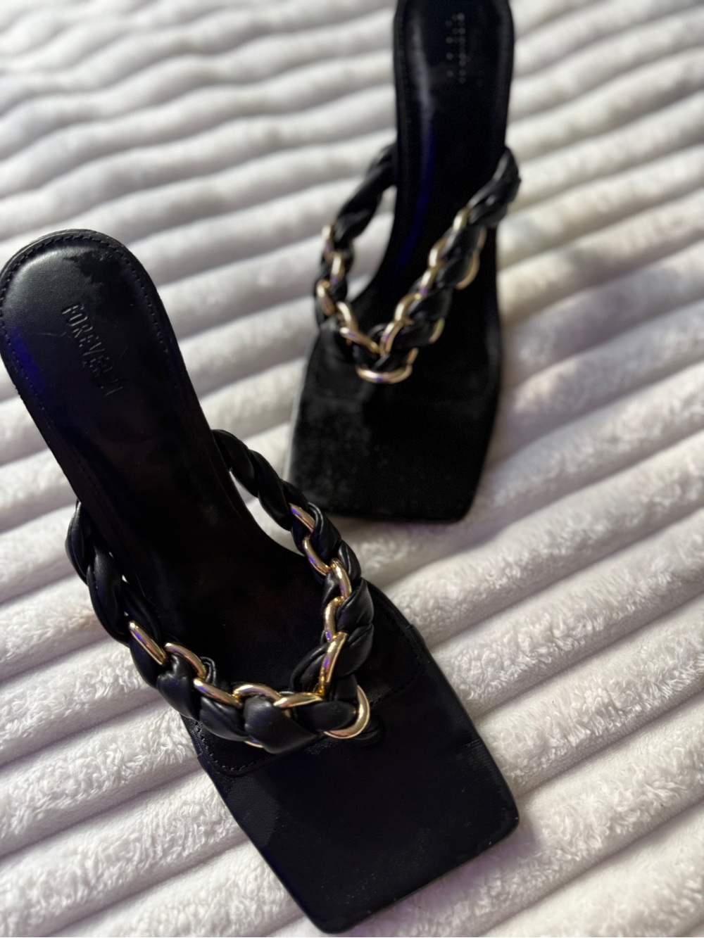 Forever 21 Black Square-Toe Heeled Mules with Gold Chain Detail